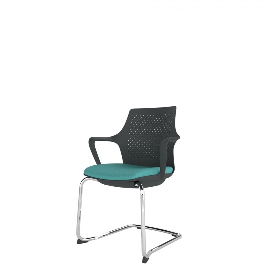 Black Perforated Back Chair With Integrated Arms, Upholstered Seat And Chrome Cantilever Frame